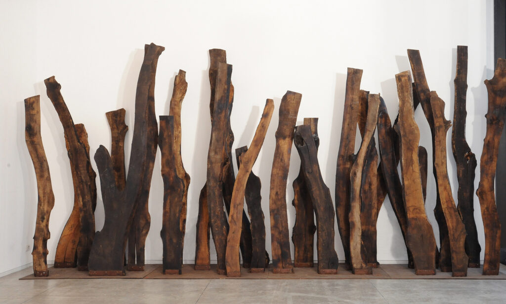 2012, Maria Cristina Carlini, Wood, 4 modules, wood, iron base, cm 300x150x100 cad., © Mimmo Capurso